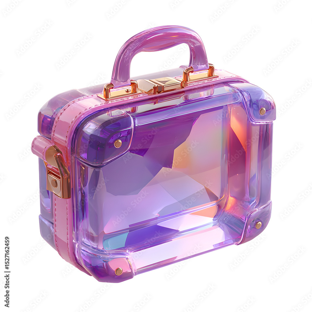 Poster striking transparent luggage case with a mesmerizing crystal like appearance and a vibrant iridescen