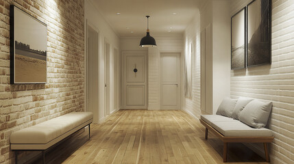 Fototapeta premium Modern hallway with wooden flooring, white walls, and stylish seating area