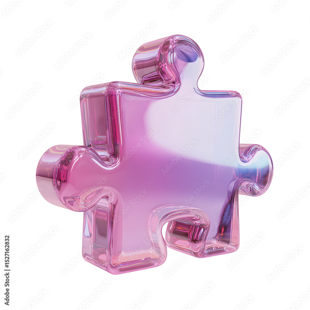Poster a glossy transparent 3d puzzle piece in a bright iridescent blend of pink and purple hues set agains