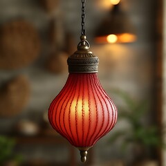 Obraz premium Rustic, warm-toned pendant lamp with a ribbed, deep crimson glass shade