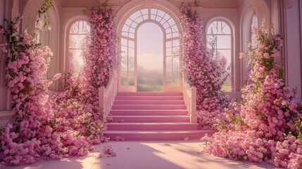 Obraz premium Pink floral display cascading down a grand staircase.