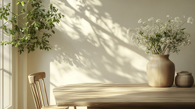 serene dining room featuring wooden table, chair, and vase of white flowers, illuminated by soft - Powered by Adobe