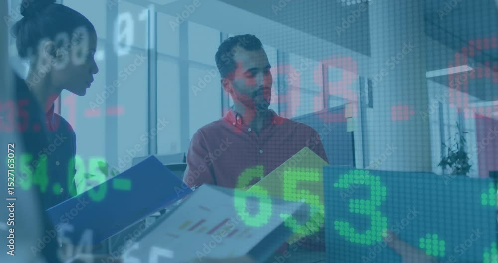 Poster Colleagues flipping pages in open office activating animated market data bar graphs for analysis