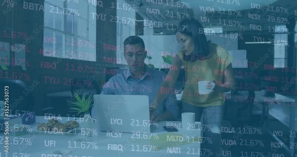 Poster colleagues analyzing stock trends by tapping keyboard in office, with animated stock data updating
