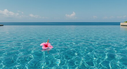 Pink hibiscus floats on a tranquil pool, overlooking the ocean