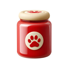 Red pet treat jar with cream colored paw print design on the lid isolated on a transparent background