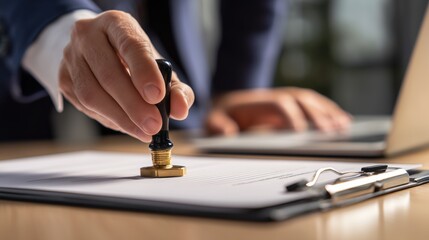 Fototapeta premium close-up of a man's hand applying stamp on a legal agreement, document on clipboard, formal attire, laptop in background