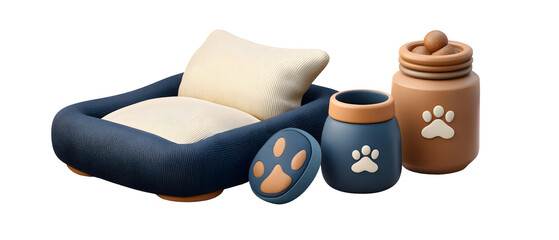 An arrangement of pet themed items including a cozy bed collar frisbee food container and treat jar all rendered in a stylized cartoon inspired 3D design with soft pastel colors