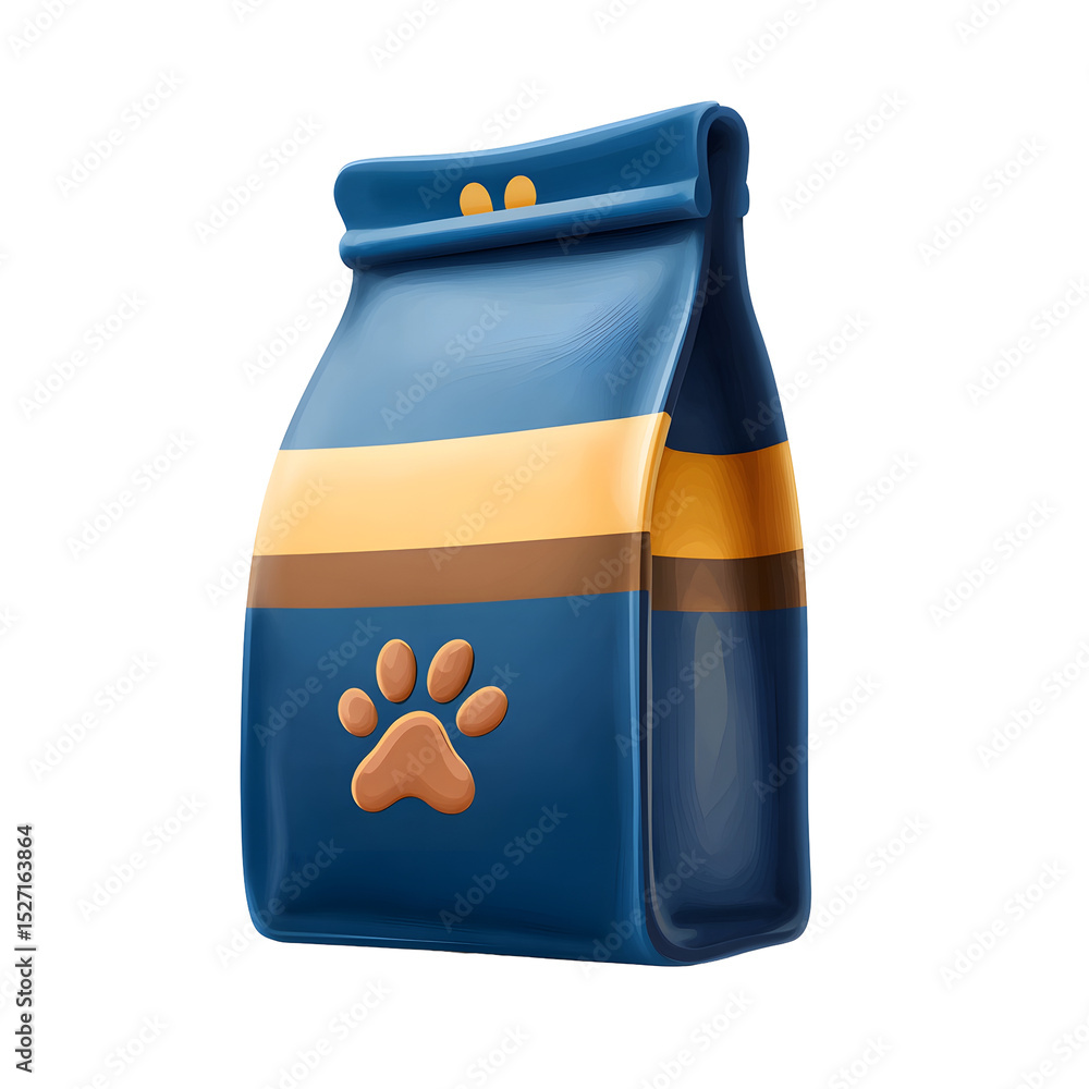 Poster a stylized 3d cartoon inspired pet food bag in dark blue with a light yellow stripe and brown paw pr