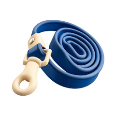 Stylized 3D icon of a dark blue pet leash with a cream clasp and loop handle coiled in a smooth rounded shape with a cartoon like toy inspired aesthetic