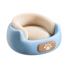 Soft plush pet bed in a soothing pastel blue color with a cozy cream colored inner cushion and a paw print label providing a comfortable and inviting space for pets to rest and relax