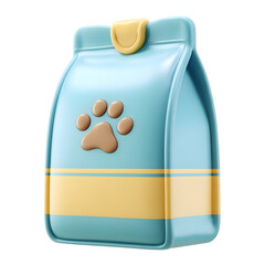 Cute and stylized 3D of a pastel blue pet food bag with a pastel yellow stripe and a pastel brown paw symbol featuring a resealable top and soft curved edges