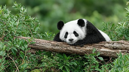 Fototapeta premium A panda rests peacefully on a fallen log.