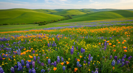 Fototapeta premium Vibrant Wildflower Meadow in Full Bloom During Springtime with Colorful Blossoms and Rolling Hills Landscape