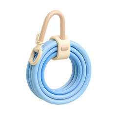 Whimsical 3D rendering of a coiled pastel blue dog leash with a soft rounded cream colored clasp and loop handle giving it a cartoon inspired toy like aesthetic