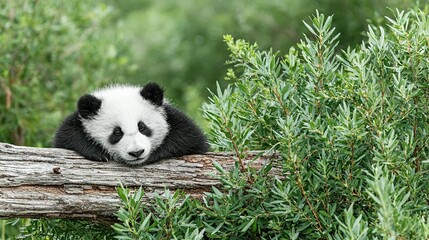 Fototapeta premium Sleepy baby panda resting on a tree trunk.