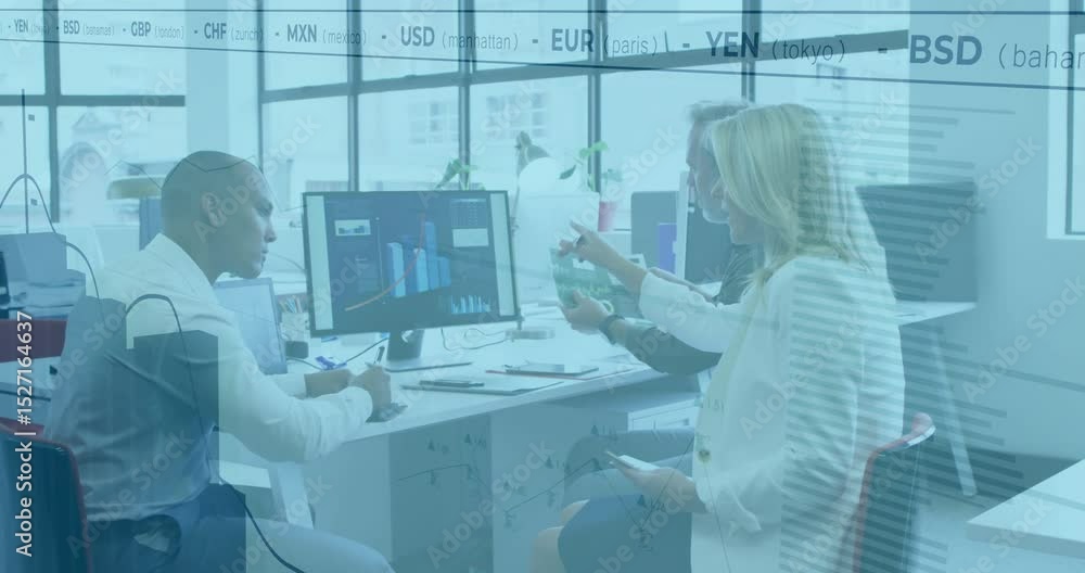 Poster colleagues exchanging finance data on screens, causing currency overlay and declining line graph