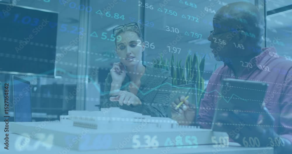 Poster data overlay fading in guiding professionals studying model and correlating finance metrics