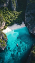 Aerial View of Maya Bay, Thailand Limestone Cliffs, Turquoise Water, and White Sand Beach