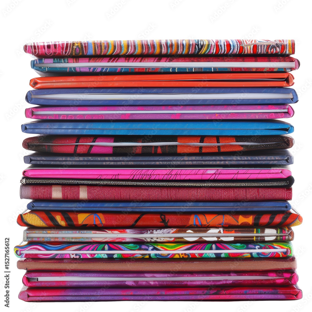 Poster colorful stack of notebooks and folders arranged neatly, showcasing vibrant patterns and designs. va