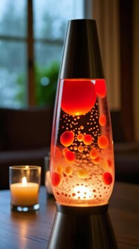 Retro lava lamp with red liquid, bubbling, and orange spheres on a table with candles, creating a warm, ambient light in a room.