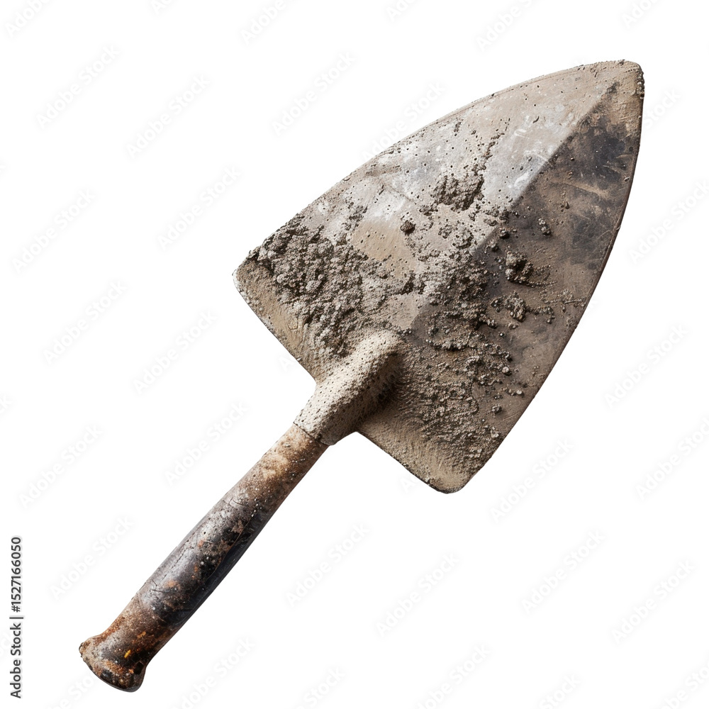 Poster weathered trowel with rusty handle and dirty blade, showcasing signs of use in construction or garde