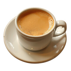 Fototapeta premium Steaming cup of coffee sits on white saucer, showcasing rich, frothy surface that invites warmth and comfort. beverage is perfect for cozy morning or afternoon break