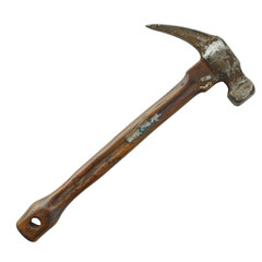 Weathered hammer with wooden handle and metal head, showcasing signs of wear and use. This tool is essential for construction and repair tasks, embodying durability and functionality