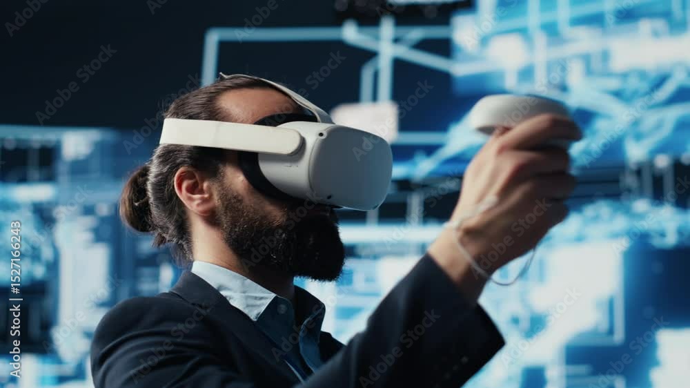 Poster high tech expert uses vr glasses next to neural networks ai brain system, using predictive analytics