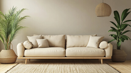 Fototapeta premium Cozy beige couch with plants and natural decor in serene living room setting