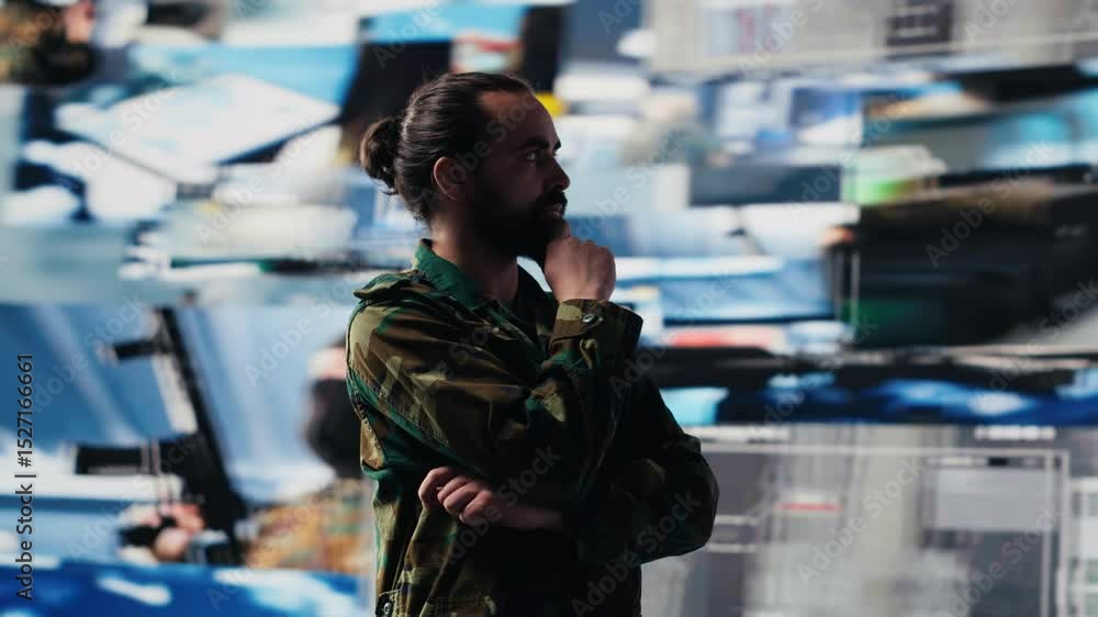 Poster male army officer operates from a mission command center with digital tech, monitoring satellite int