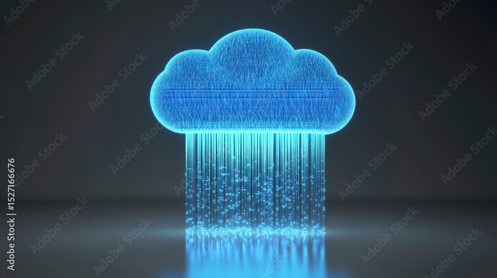 Poster glowing blue cloud computing data streams digital network technology concept.