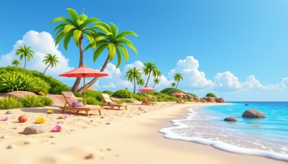 Obraz premium Bright and Serene Tropical Beach with Palm Trees, Sun Loungers, and Tranquil Ocean View Under Clear Blue Sky
