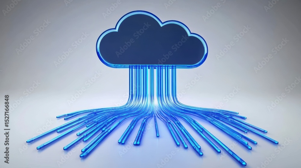 Poster 3d render of a cloud computing network, illustrating data storage and connectivity.