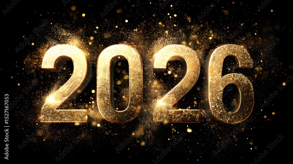 Aufkleber Elegant and luxurious golden 2026 digits with a premium metallic texture embossed lighting effects and a burst of golden confetti against a dark atmospheric background