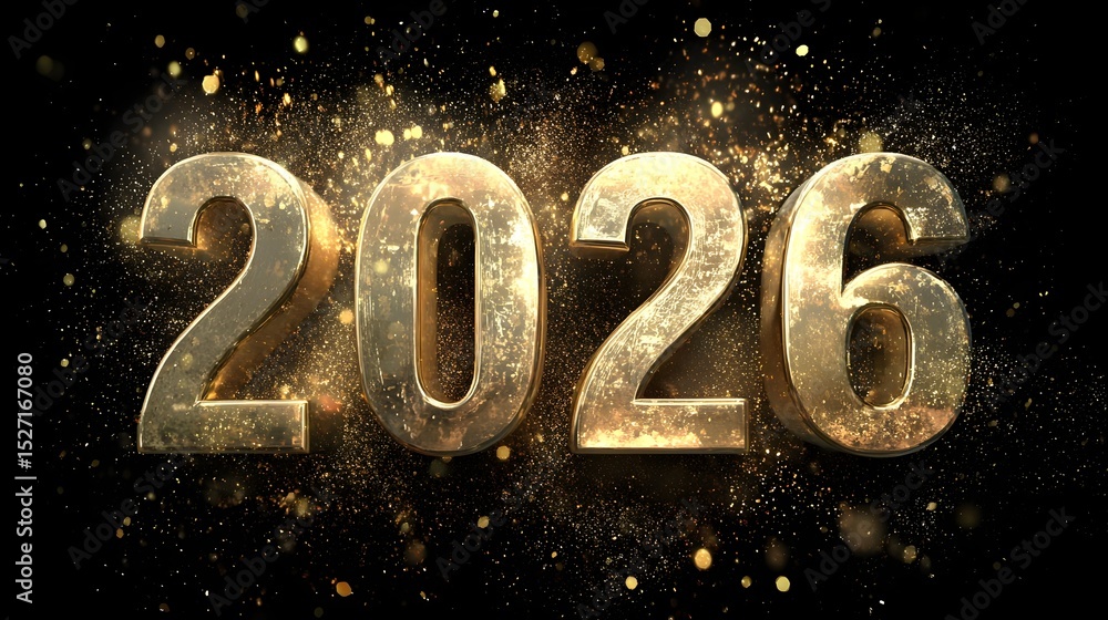 Poster elegant and futuristic looking golden 2026 digits with a premium metallic texture embossed lighting 