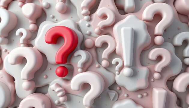 Abstract background with colorful question marks and exclamation marks depicting uncertainty, queries, and curiosity in 3D style