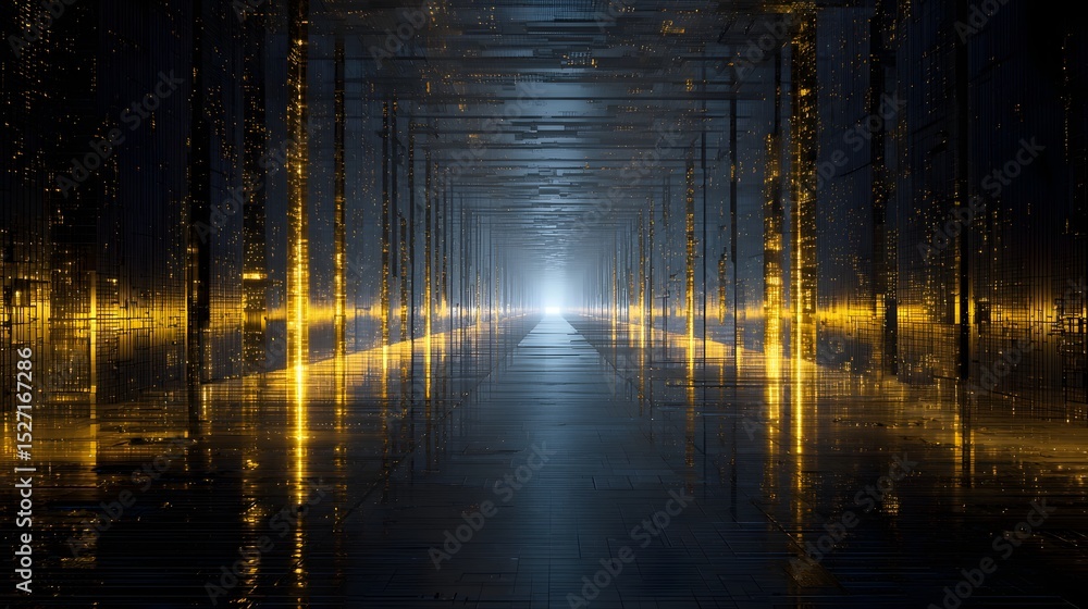 Aufkleber a mesmerizing long and narrow futuristic golden sci fi corridor with reflective dark metal walls and