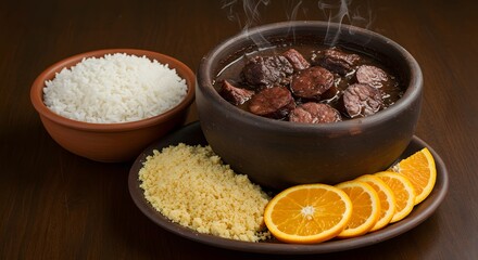 Traditional feijoada in a clay pot with farofa, orange slices and rice.