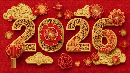 Vibrant red and gold papercut design featuring auspicious symbols like flowers lanterns and clouds to celebrate the upcoming Lunar New Year in 2026