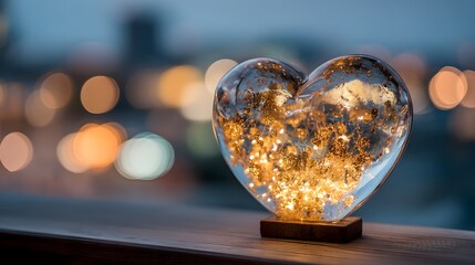 A heart shaped glass ornament filled with shimmering golden lights glowing against the backdrop of a blurred and illuminated city skyline at night