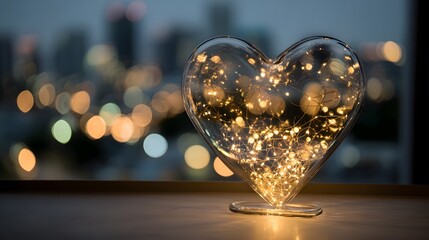 A captivating glass heart filled with shimmering golden lights glowing against a blurred bokeh rich city skyline creating a dreamy enchanting atmosphere