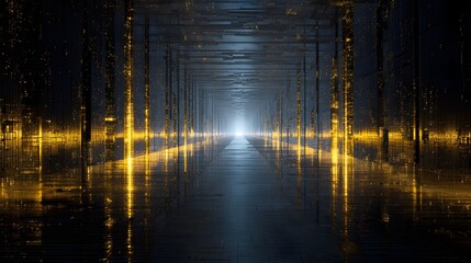 A mesmerizing long and narrow futuristic golden sci fi corridor with reflective dark metal walls and a glowing light at the far end creating an abstract and captivating digital perspective