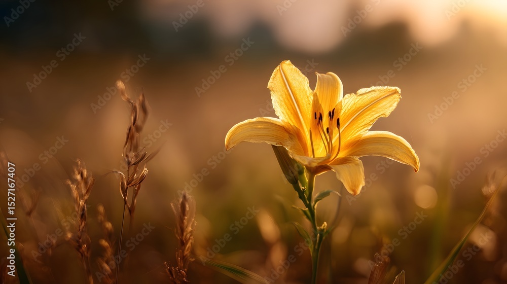 Aufkleber a solitary yellow lily blossom stands out against the warm glowing light of a golden sunset field wi