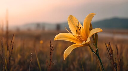 A solitary yellow lily blossom standing out amid the warm glow of a sunset over a serene countryside field