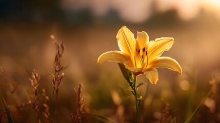 A solitary yellow lily blossom stands out against the warm glowing light of a golden sunset field with a soft blurred background creating a serene and symbolic atmosphere