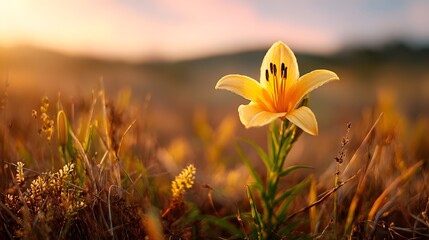 A single vibrant yellow lily stands out amongst the lush grass and foliage illuminated by the warm glowing light of a sunset in a peaceful serene field