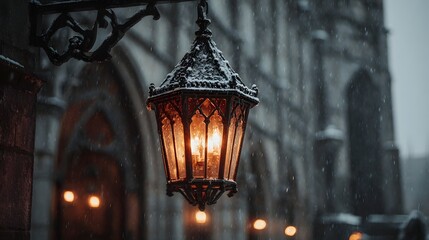 A charming antique street lantern casts a warm glowing light on the ornate gothic architecture creating a nostalgic and atmospheric winter scene with falling snow