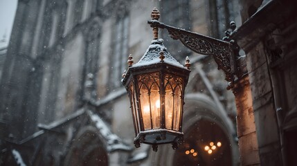 Glowing antique street lantern casting a warm light amidst the falling snow set against the backdrop of a picturesque gothic building in a nostalgic winter atmosphere