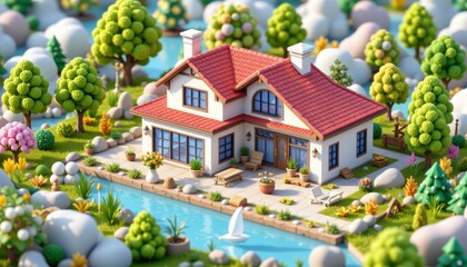 Charming cartoon house surrounded by colorful trees, flowers, and a serene pond in a vibrant, idyllic landscape